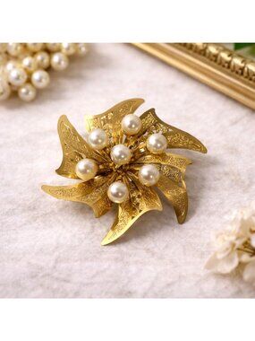 Vintage Gold-Tone Floral Brooch With Faux Pearl Accents Filigree Design Pinback